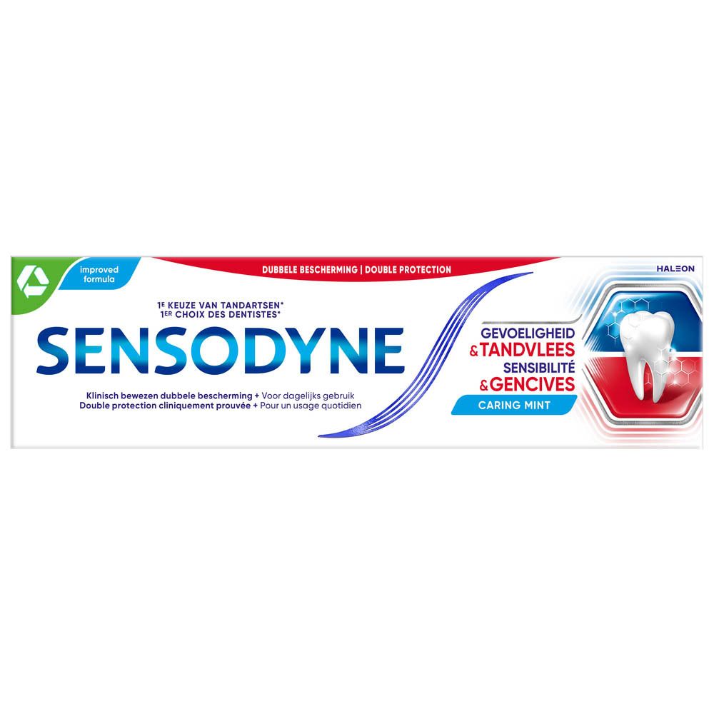 Emballage de dentifrice Sensodyne Sensibilité & Gencives. Double protection. Emballage blanc.