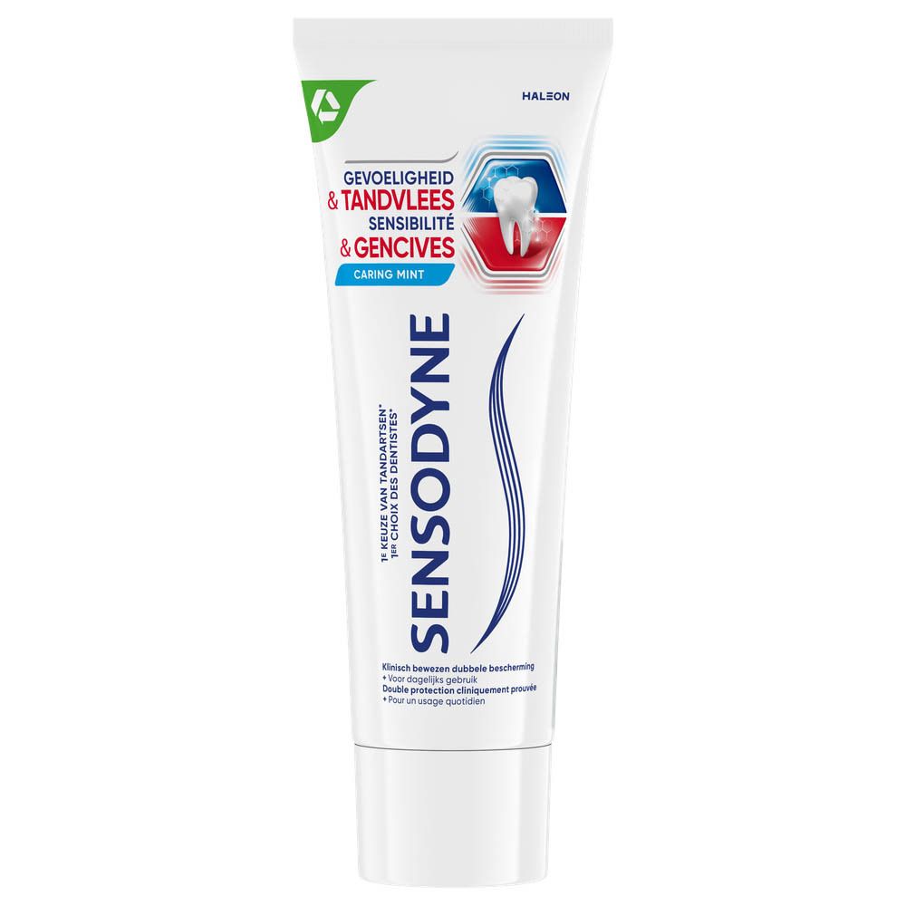 Tube de dentifrice Sensodyne Sensibilité & Gencives. Double protection. Tube blanc.