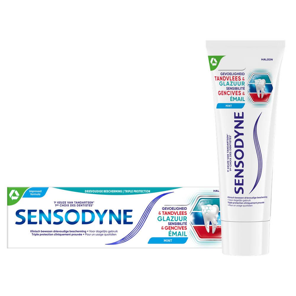 Tube et emballage de dentifrice. Sensodyne, texte : Sensibilité, gencives & émail. Goût menthe.