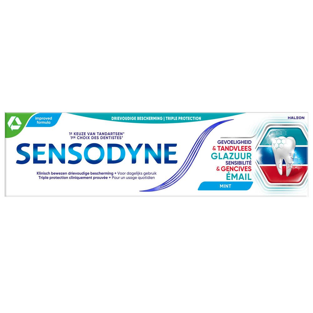 Tandpasta verpakking. Sensodyne logo, tekst: Gevoeligheid, tandvlees & glazuur. Mint smaak.