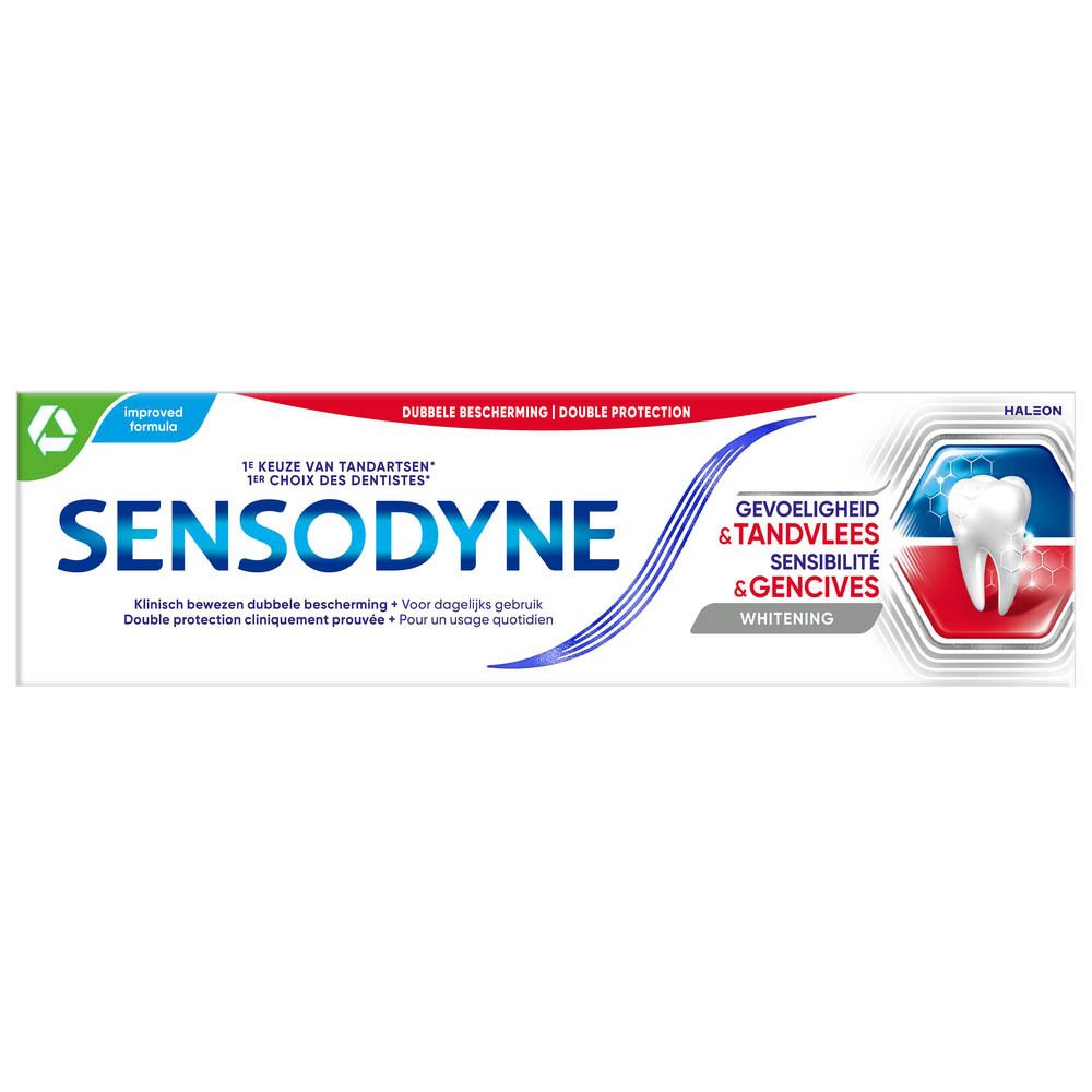 Verpakking en tube tandpasta Sensodyne. Tekst: Gevoeligheid & Tandvlees. Wit, blauw, rood. Whitening.