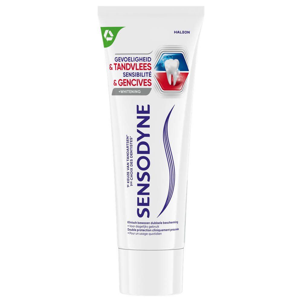 Pack et tube de dentifrice Sensodyne. Inscription Sensibilité & Gencives. Blanc, bleu, rouge. Whitening.