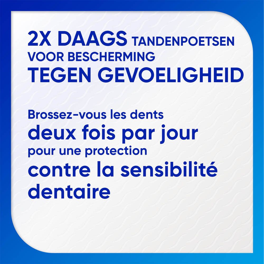 Texte : 2x daags tandenpoetsen voor bescherming tegen gevoeligheid. Brossez-vous les dents deux fois par jour.