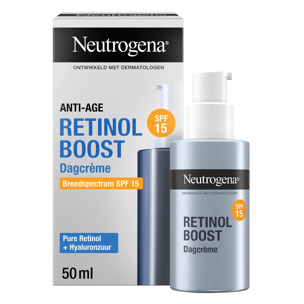 Neutrogena Retinol Boost Dagcrème SPF15. Fles met pomp. Grijze fles met witte pomp. Oranje SPF15-sticker.