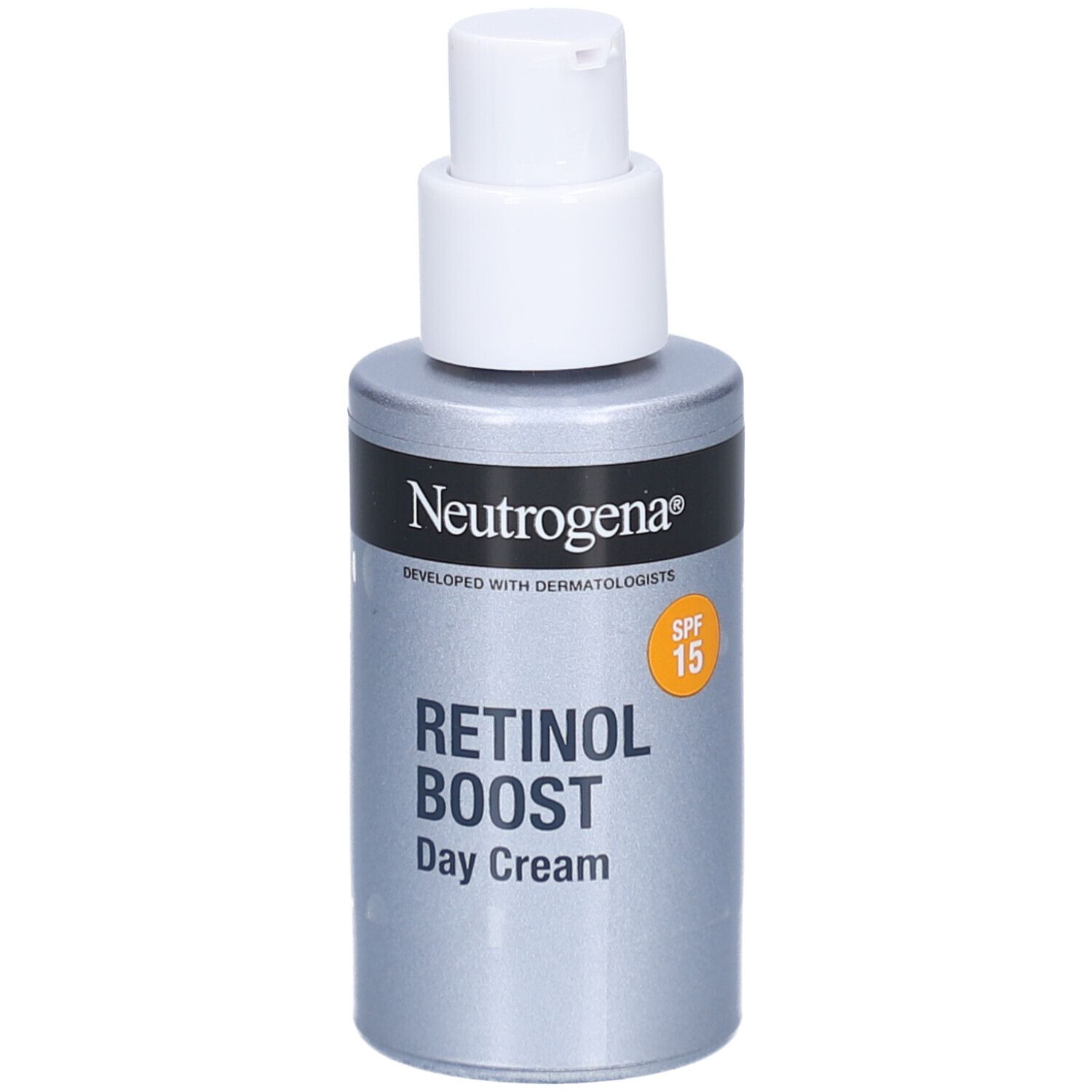 Grijze fles met witte pomp. Opschrift: Neutrogena, Retinol Boost Day Cream, SPF 15.