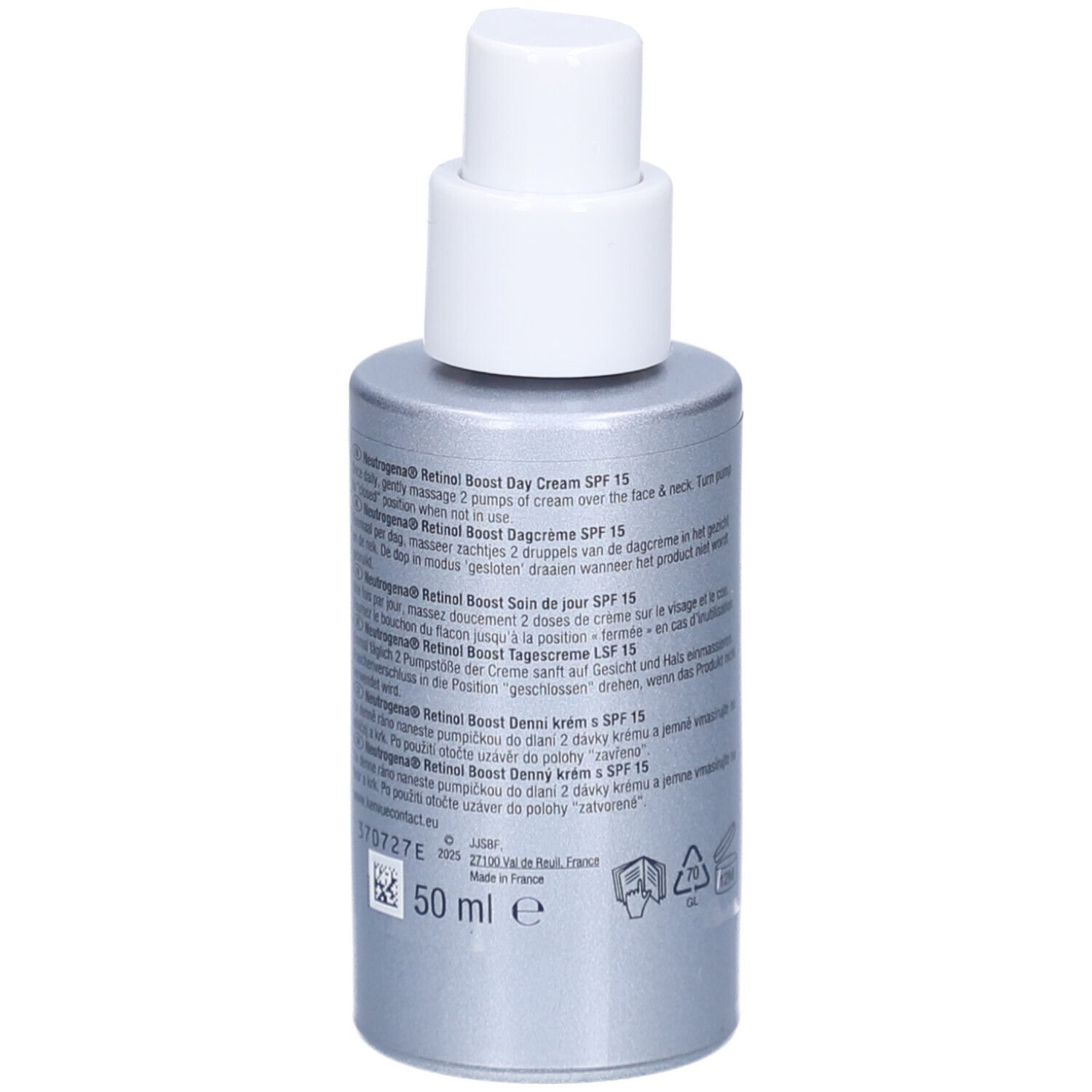 Grijze fles met witte pomp. Achterkant met tekst, waaronder 50 ml.