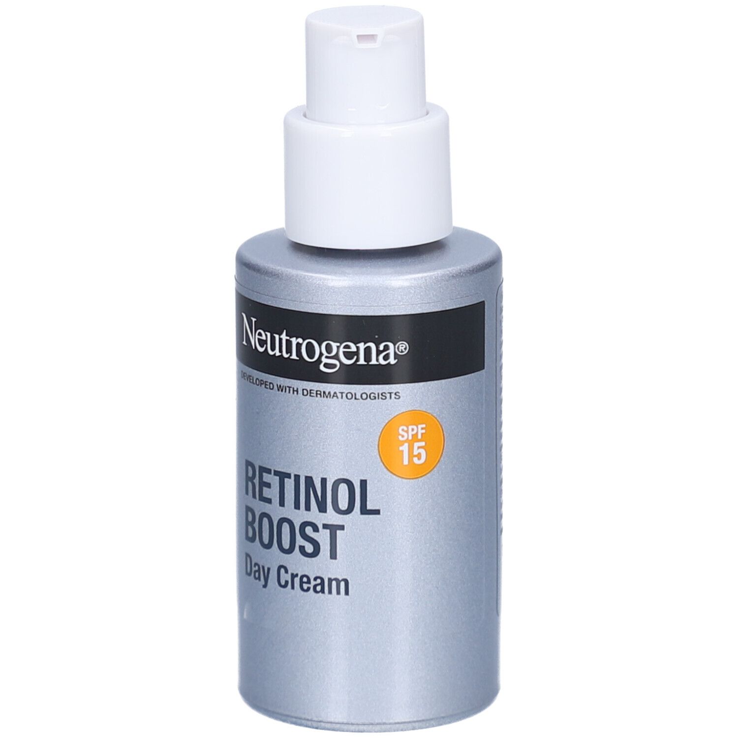 Grijze fles met witte pomp. Opschrift: Neutrogena, Retinol Boost Day Cream, SPF 15.