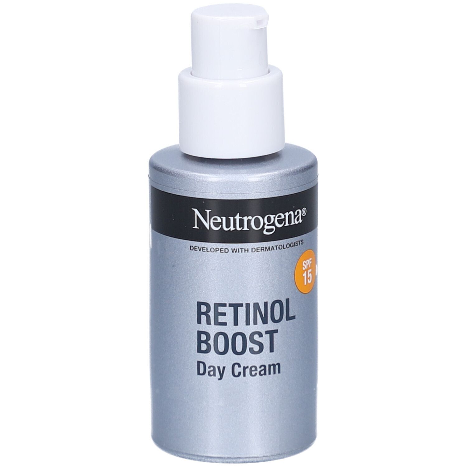 Grijze fles met witte pomp. Opschrift: Neutrogena, Retinol Boost Day Cream, SPF 15.