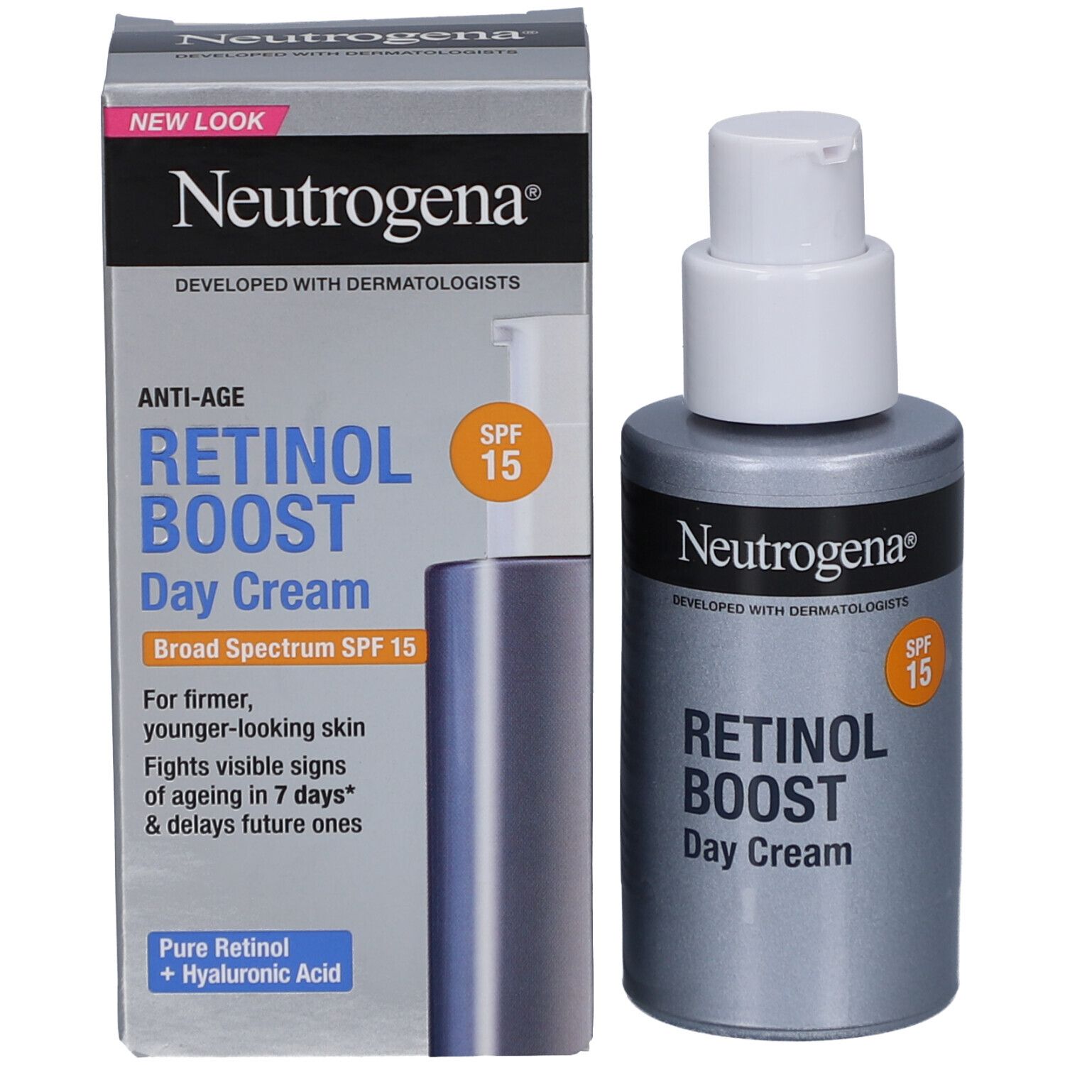 Product en verpakking. Grijze fles met witte pomp en doos. Opschrift: Neutrogena, Retinol Boost Day Cream, SPF 15.