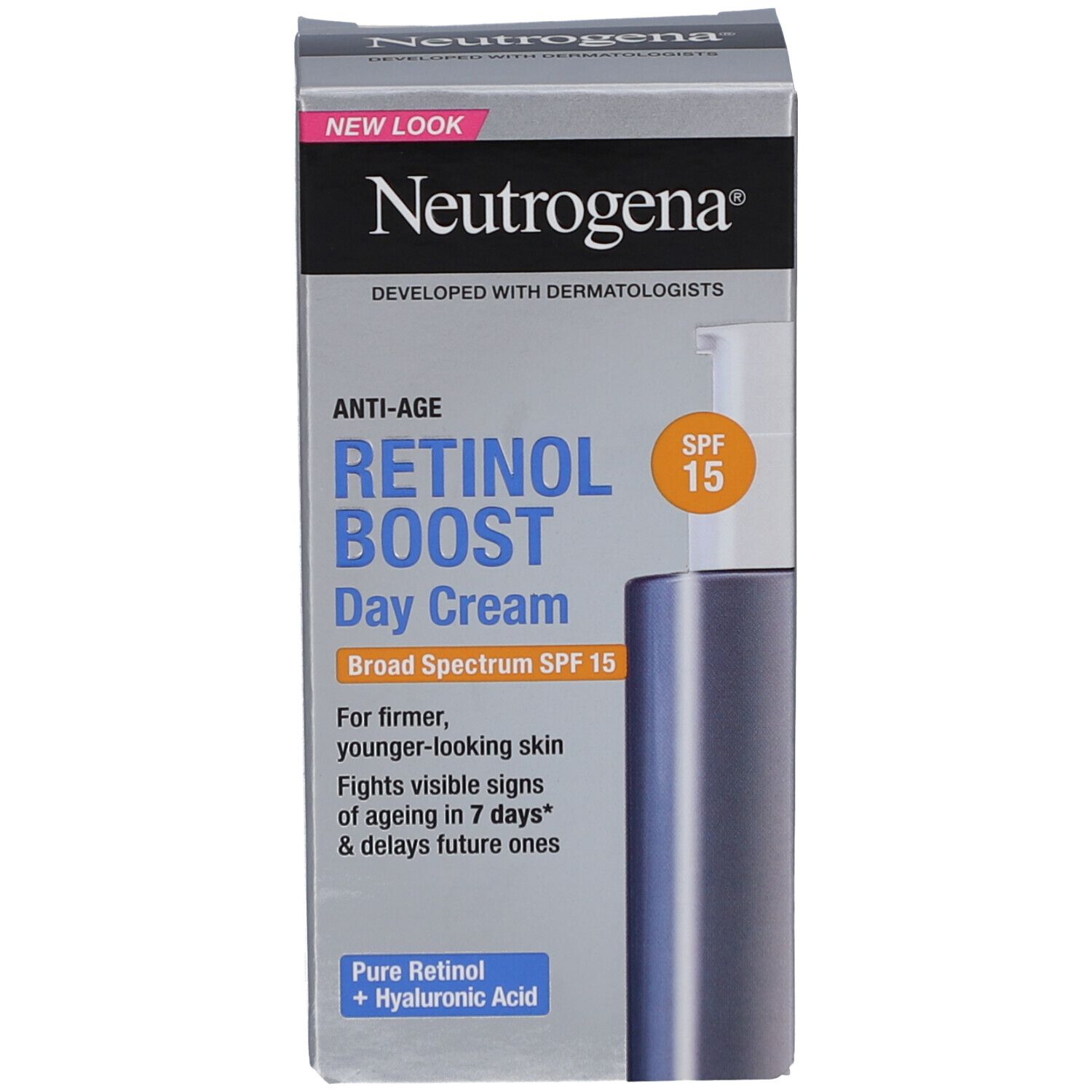 Product en verpakking. Doos met opschrift: Neutrogena, Retinol Boost Day Cream, SPF 15.
