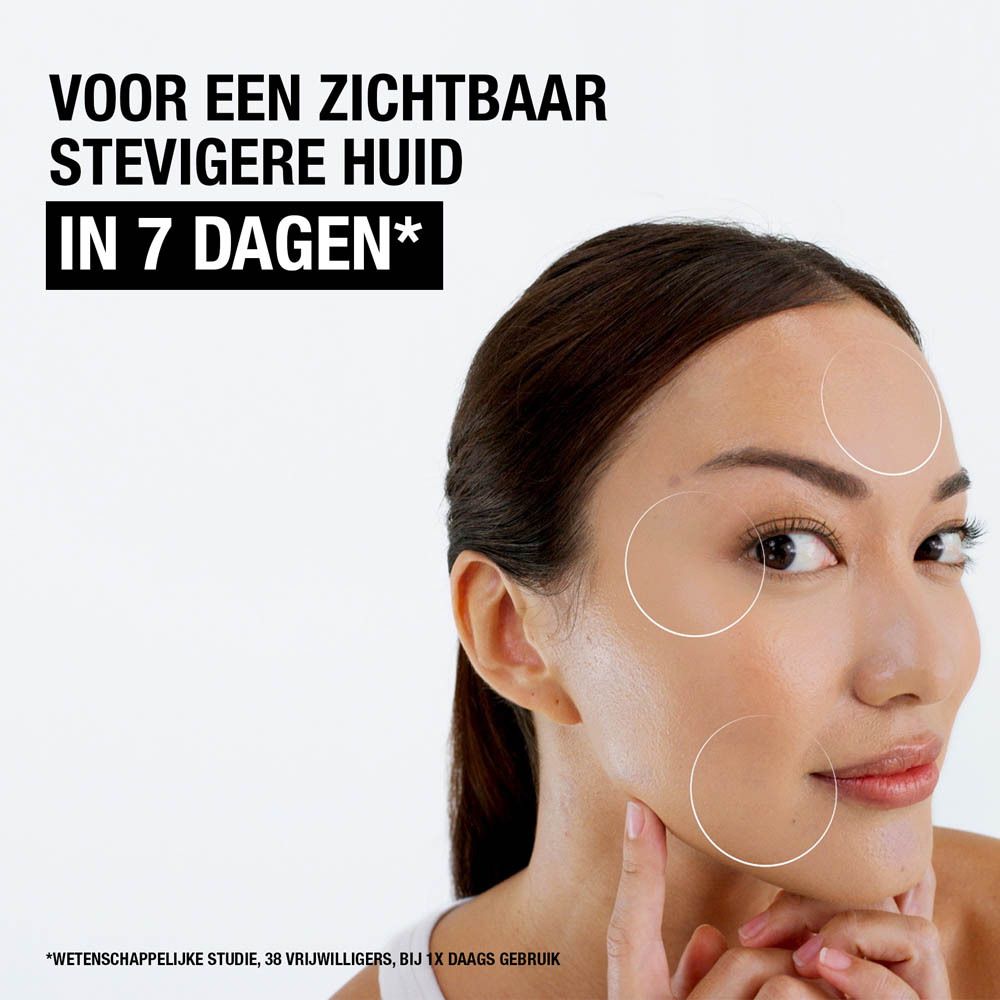 Vrouw met gezicht gemarkeerd met cirkels. Tekst: Vermindert de verschijning van rimpels in 7 dagen.