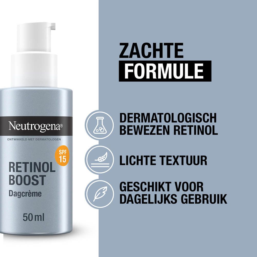 Neutrogena Retinol Boost Dagcrème. Grijze fles met witte pomp. Tekst: zachte formule, dermatologisch bewezen.