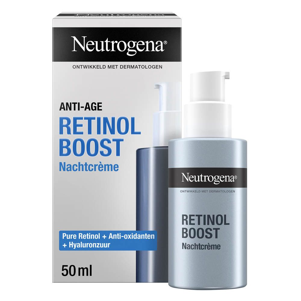 Neutrogena Retinol Boost Nachtcrème en verpakking. Naam, merk en tekst zichtbaar. 50 ml.