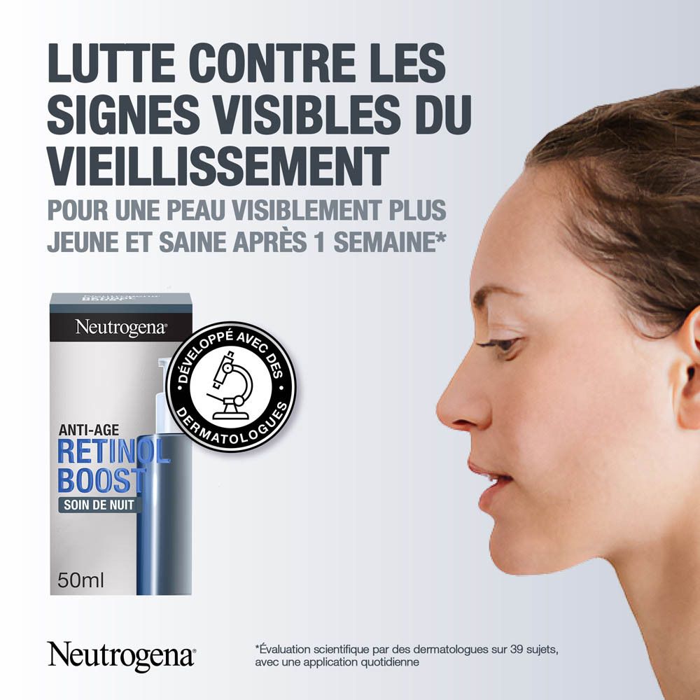 Visage de femme de profil. Neutrogena Retinol Boost Crème de Nuit et emballage. Texte : Anti-âge, 50 ml.