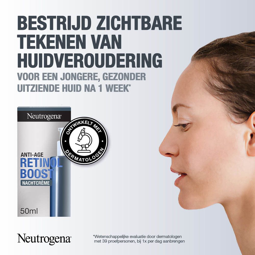 Vrouwengezicht in profiel. Neutrogena Retinol Boost Nachtcrème en verpakking. Tekst: Anti-age, 50 ml.