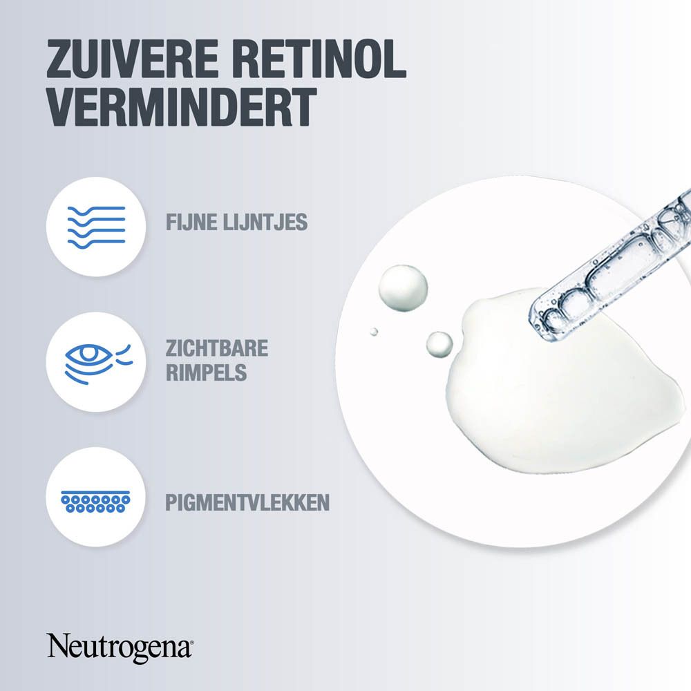 Afbeelding met druppels. Neutrogena-logo. Tekst: pure retinol vermindert fijne lijntjes, rimpels, pigmentvlekken.