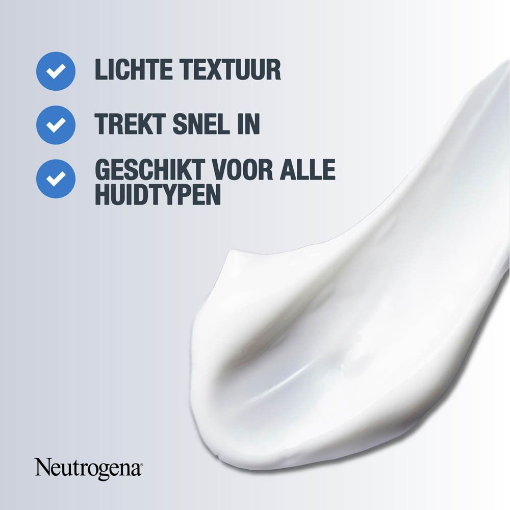 Textuurafbeelding. Neutrogena-logo. Tekst: lichte textuur, snelle absorptie, parfumvrij.