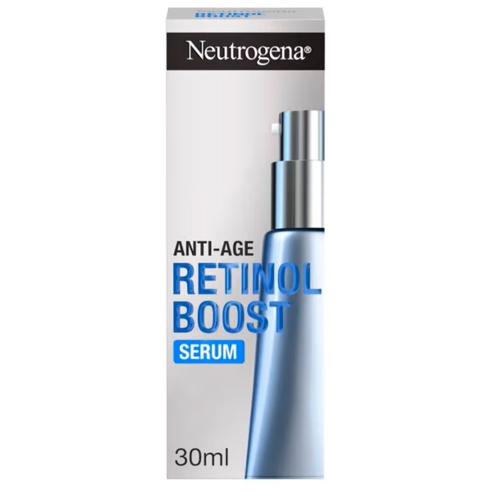 Productverpakking met doos. Opschrift: RETINOL BOOST Serum. Merk: Neutrogena. Volume: 30 ml.