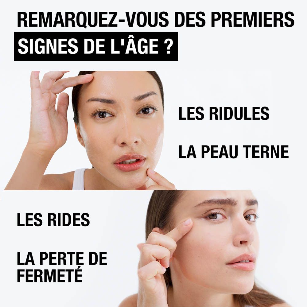 Femme pointant son visage. Texte: Corrige les multiples signes visibles de l'âge en 7 jours.