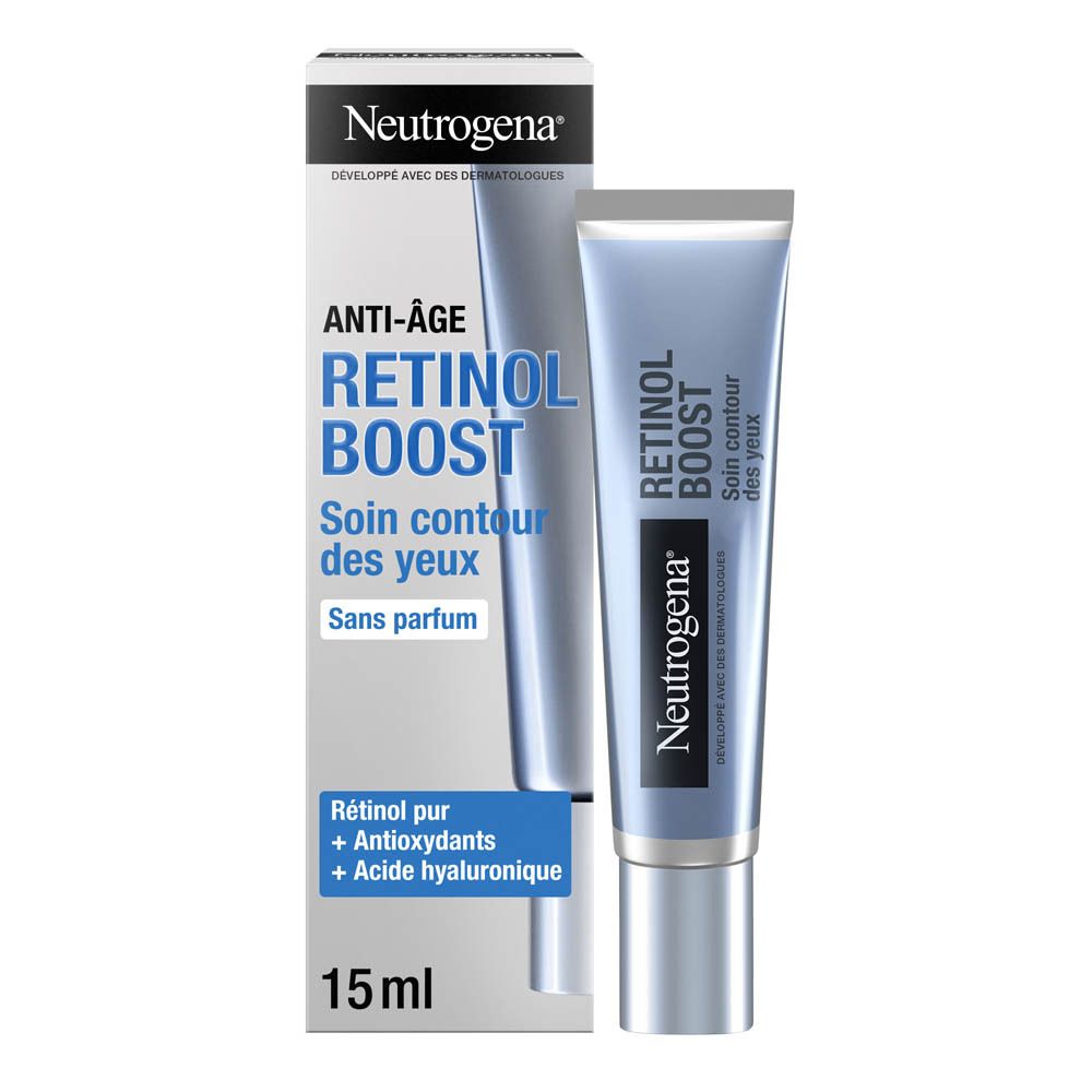 Neutrogena Retinol Boost crème pour les yeux et emballage. Nom du produit, anti-âge, 15 ml.