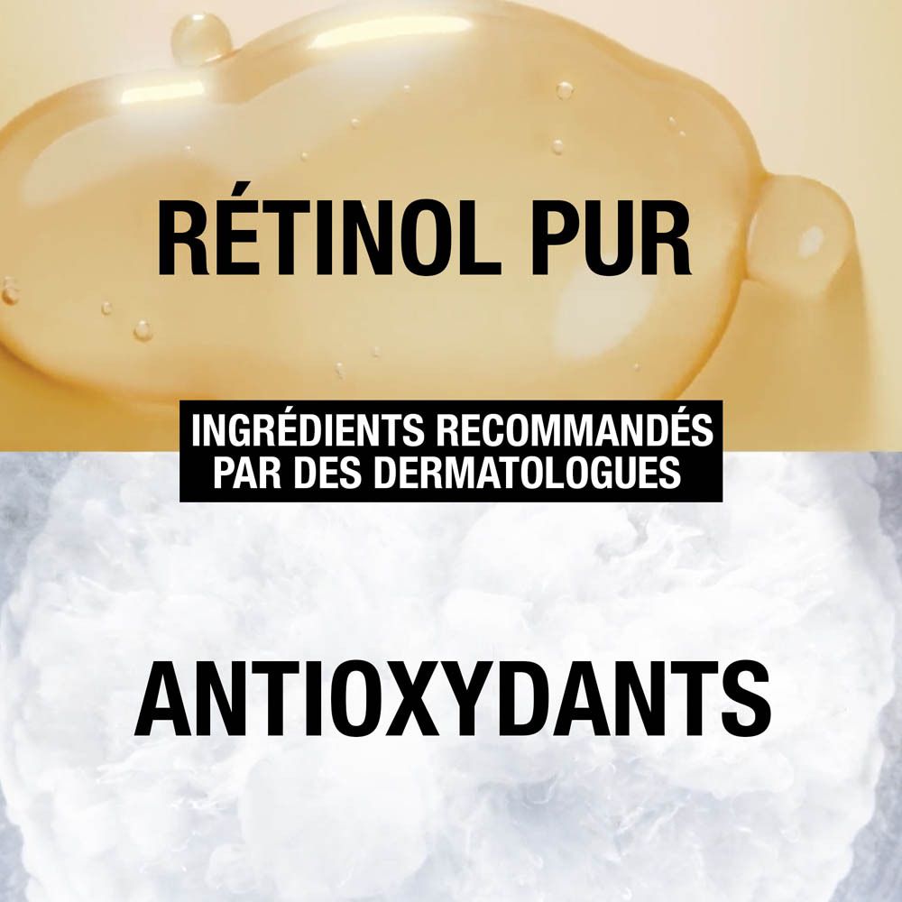 Gros plan sur des gouttes. Texte : Rétinol pur, ingrédients recommandés par les dermatologues, antioxydants.
