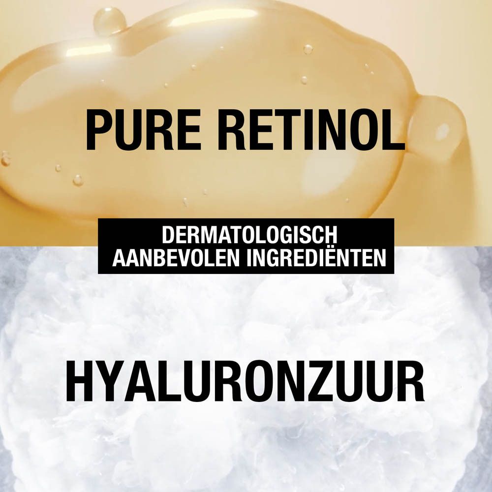 Close-up van druppels. Tekst: Pure retinol, door dermatologen aanbevolen ingrediënten, hyaluronzuur.