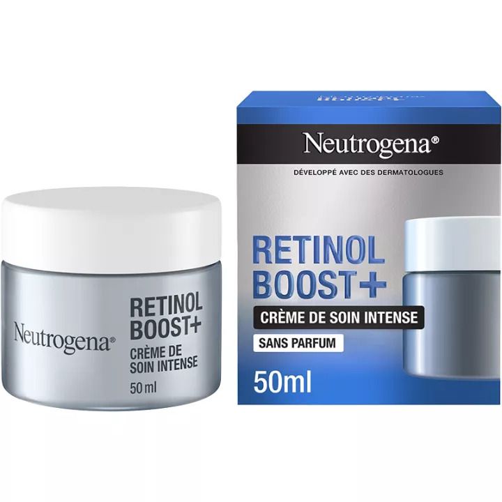 Pot et boîte de crème. Inscription : Neutrogena Retinol Boost+, Crème de soin intense, 50 ml. Sans parfum.
