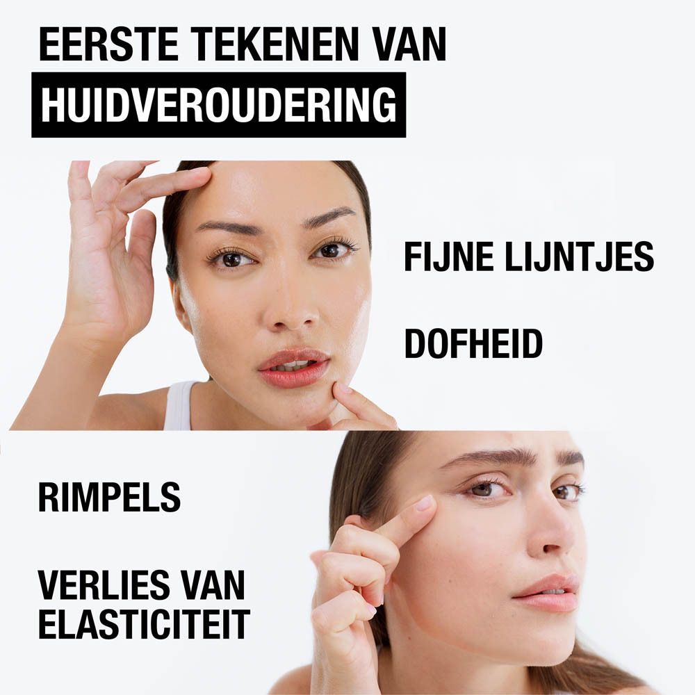 Vrouw wijst naar haar gezicht. Tekst: Voor een zichtbaar stevigere huid in 7 dagen.