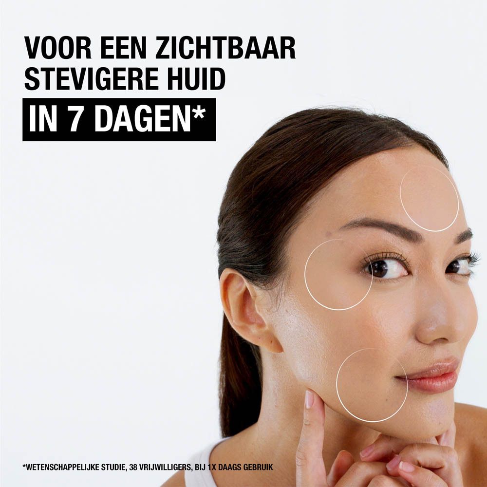 Close-up van vloeistof. Tekst: Pure Retinol, dermatologisch aanbevolen ingrediënten, hyaluronzuur.