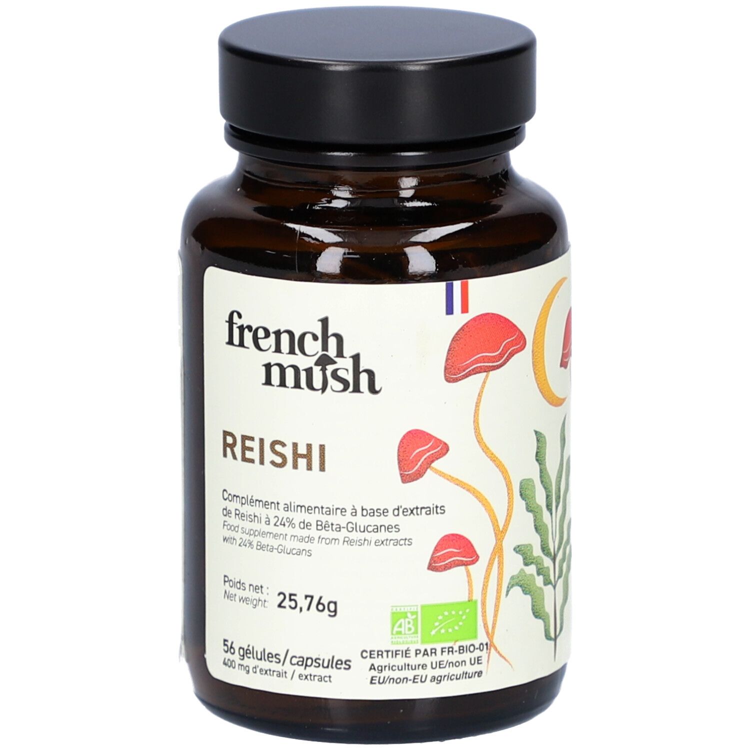 Flacon en verre brun avec bouchon noir. Étiquette "French Mush Reishi" et illustrations de champignons. 56 gélules.