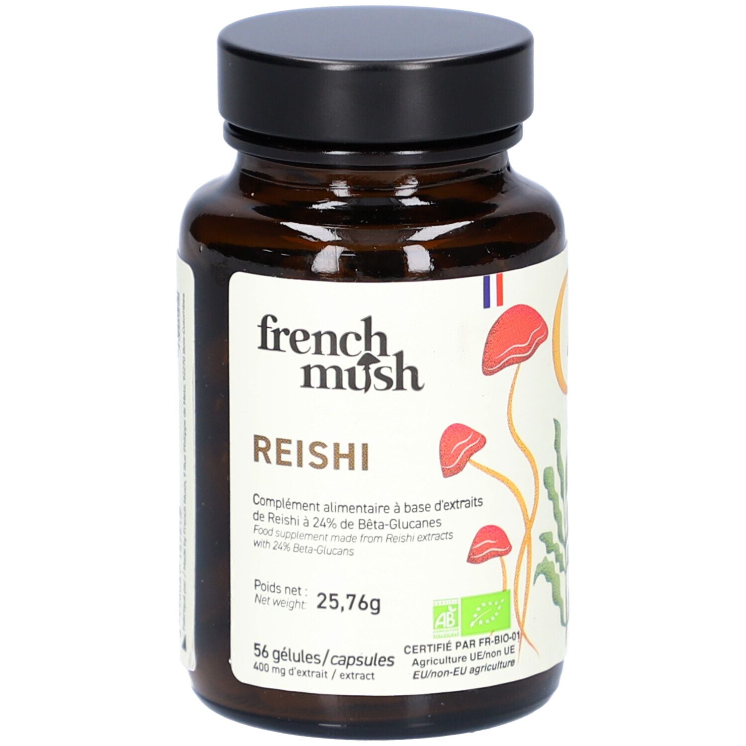 Flacon en verre brun avec bouchon noir. Étiquette "French Mush Reishi" et illustrations de champignons. 56 gélules.