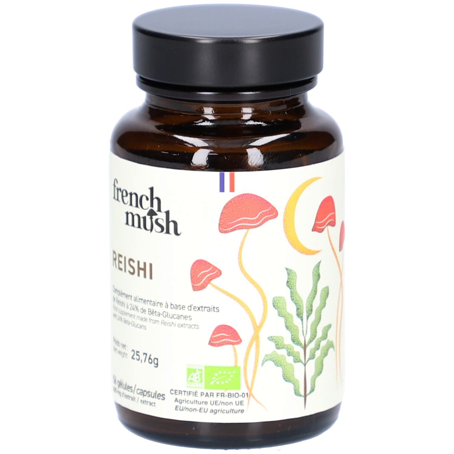 Flacon en verre brun avec bouchon noir. Étiquette "French Mush Reishi" et illustrations de champignons. 56 gélules.