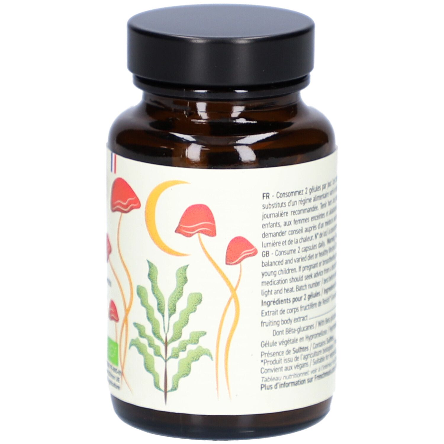 Vue arrière du flacon en verre brun avec bouchon noir. Étiquette avec texte sur les ingrédients et l'utilisation. "French Mush Reishi".