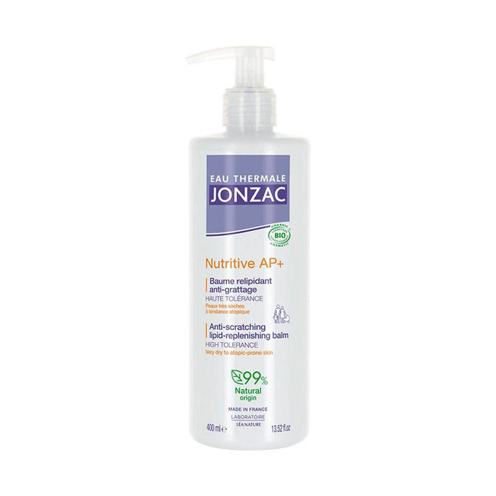Flacon blanc avec pompe. Inscription: Eau Thermale Jonzac, Nutritive AP+, Baume relipidant.