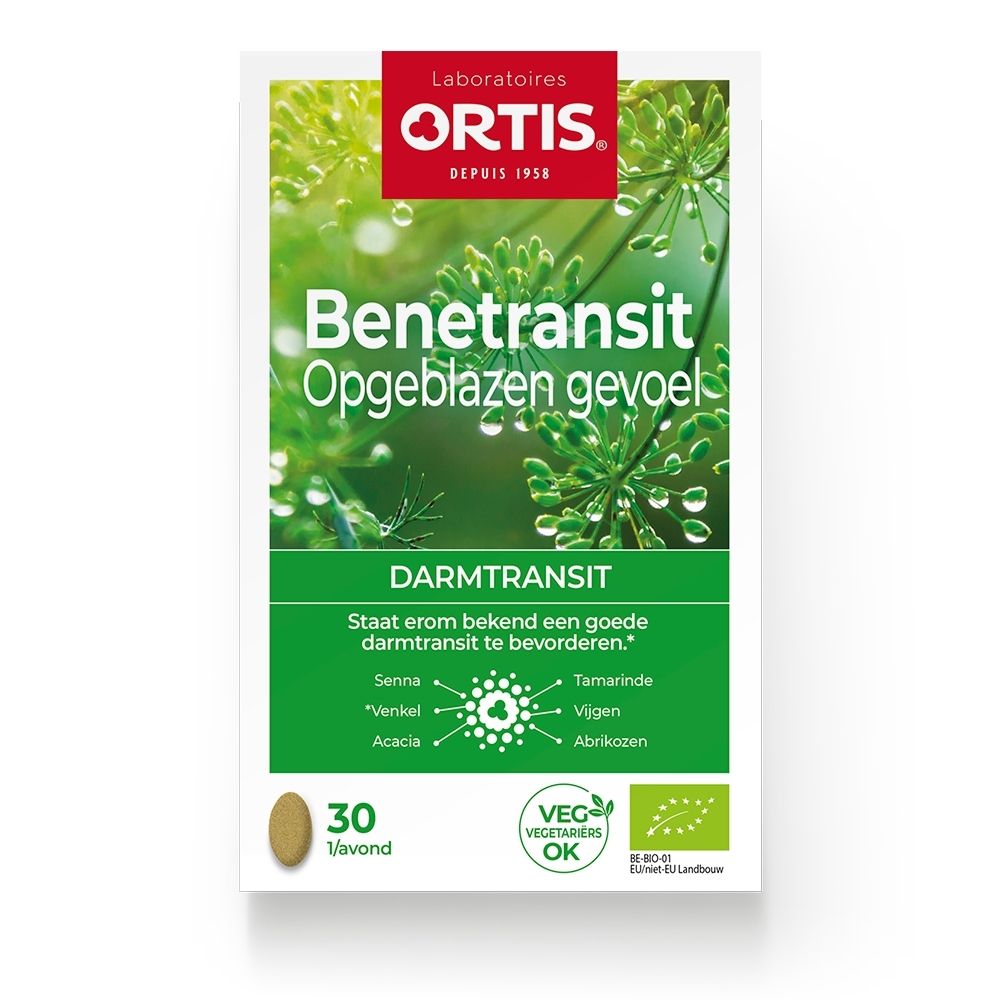 Doos Ortis Benetransit Opgeblazen gevoel met kruiden en druppels.