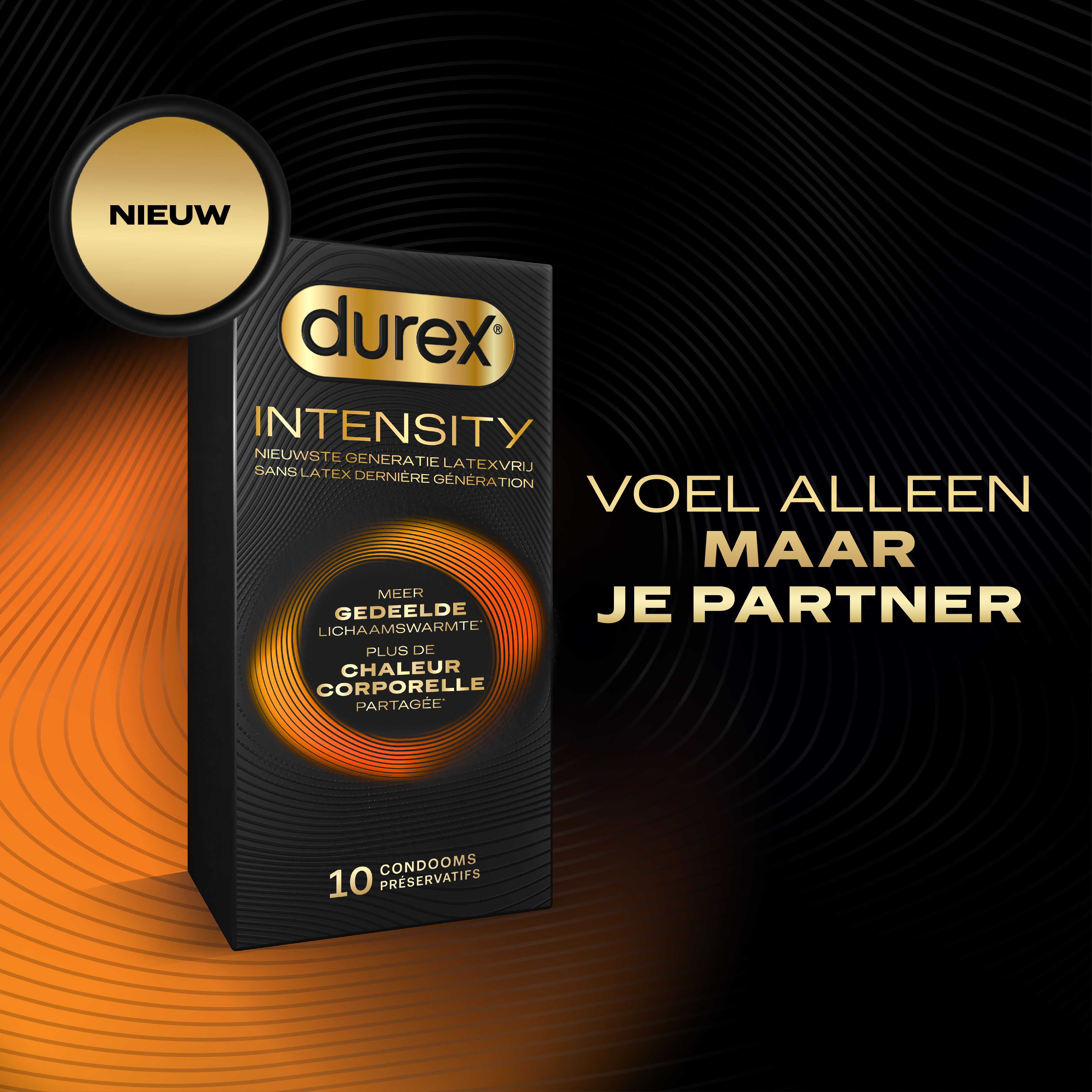 Durex Intensity condoomverpakking. Tekst: Intensity, 10 condooms. Tekst: Voel alleen maar je partner.