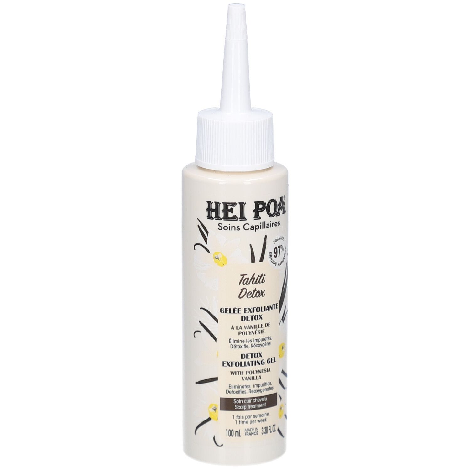 Flacon beige à bouchon blanc. Inscription: Hei Poa, Tahiti Detox, Gelée Exfoliante Détox. Parfum vanille.