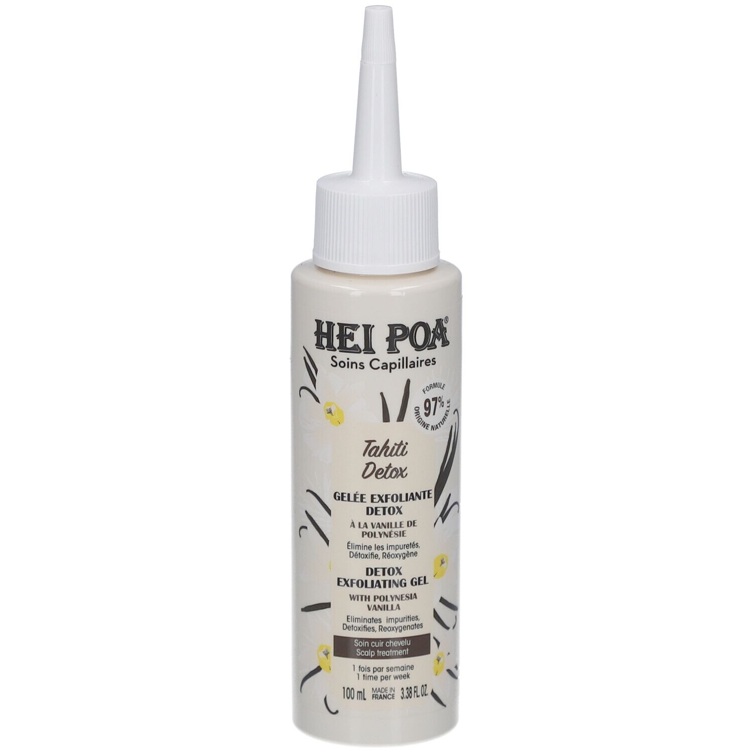 Flacon beige à bouchon blanc. Inscription: Hei Poa, Tahiti Detox, Gelée Exfoliante Détox. Parfum vanille.