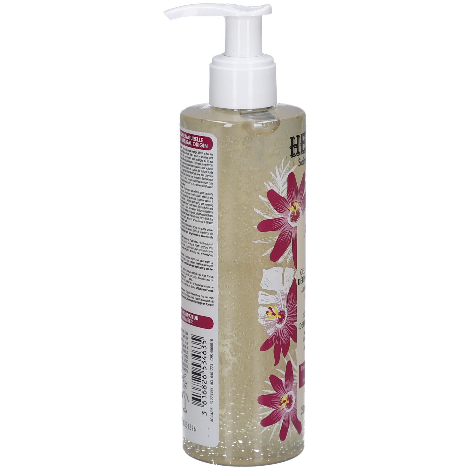 Achterkant van de fles. Tekst en barcode. Bloemenmotief. Opschrift: Hei Poa, Soins Capillaires.