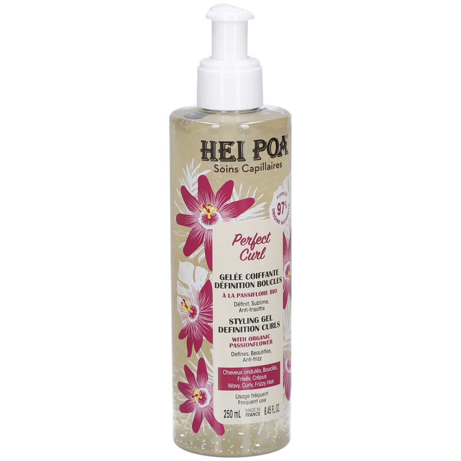 Transparante fles met pomp. Opschrift: Hei Poa, Perfect Curl, Gelée Coiffante, Definition Boucles. Bloemenmotief.