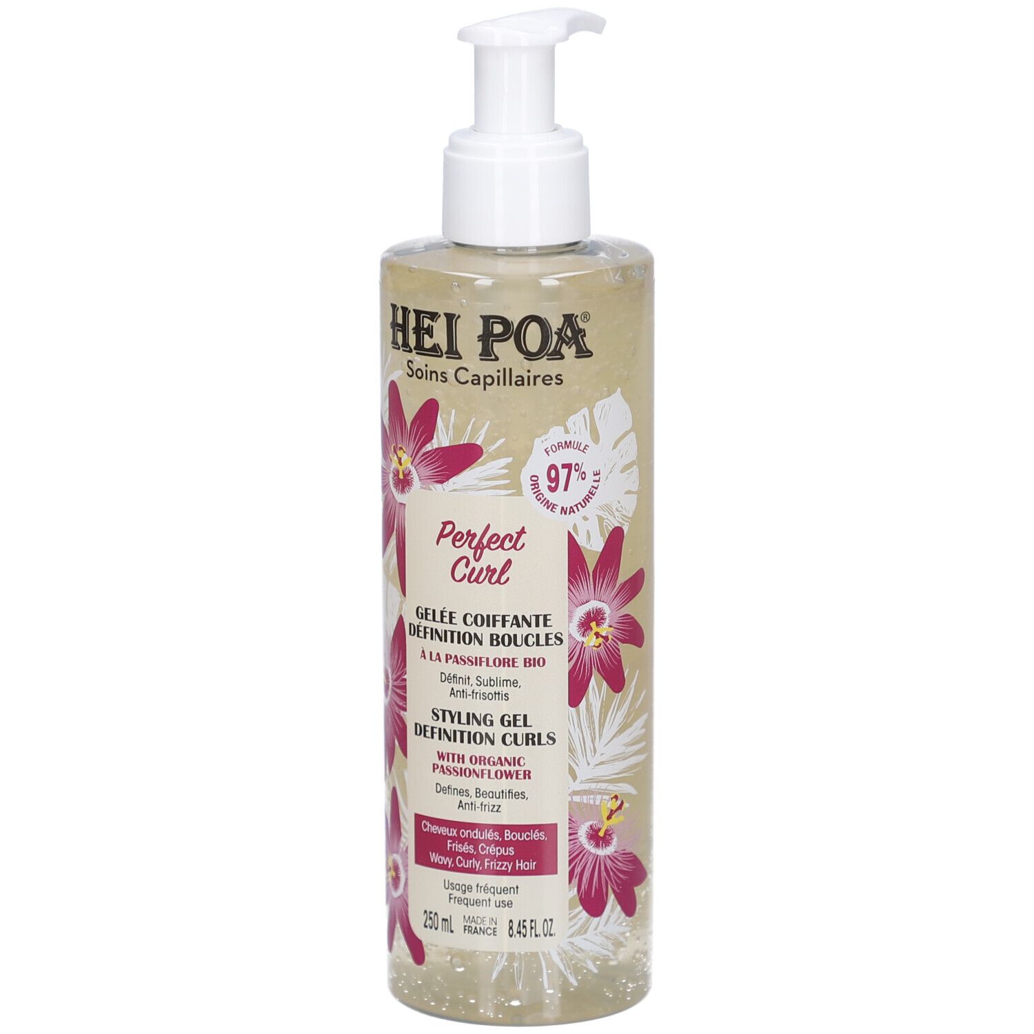 Transparante fles met pomp. Opschrift: Hei Poa, Perfect Curl, Gelée Coiffante, Definition Boucles. Bloemenmotief.