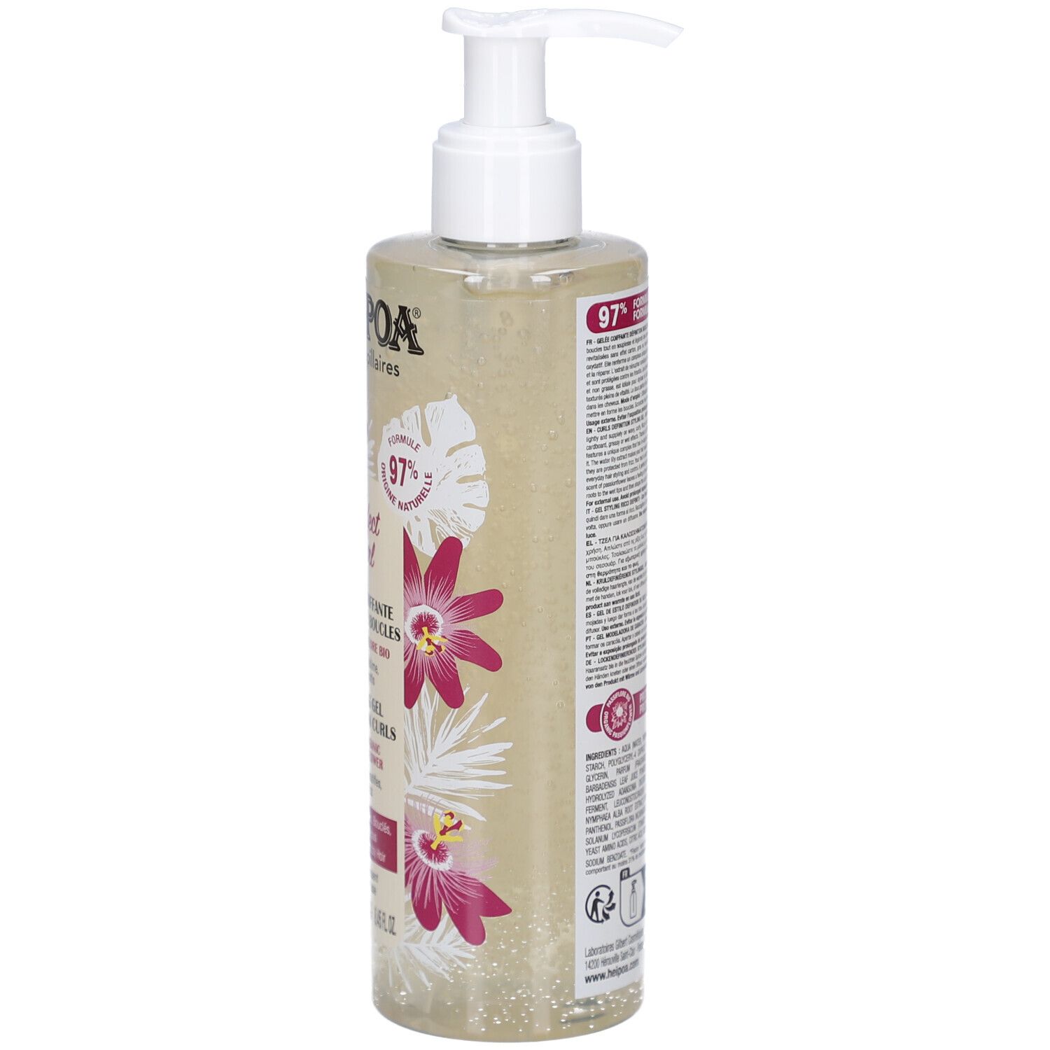 Achterkant van de fles. Tekst en barcode. Bloemenmotief. Opschrift: Hei Poa, Soins Capillaires.