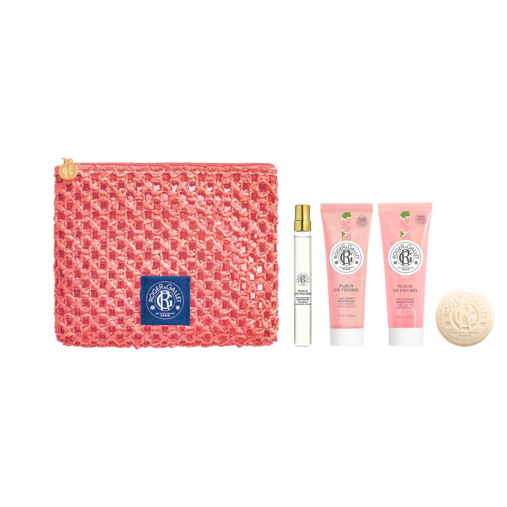 Trousse rose avec produits. Contient: parfum, crèmes, savon. Tous les produits avec logo Roger & Gallet.
