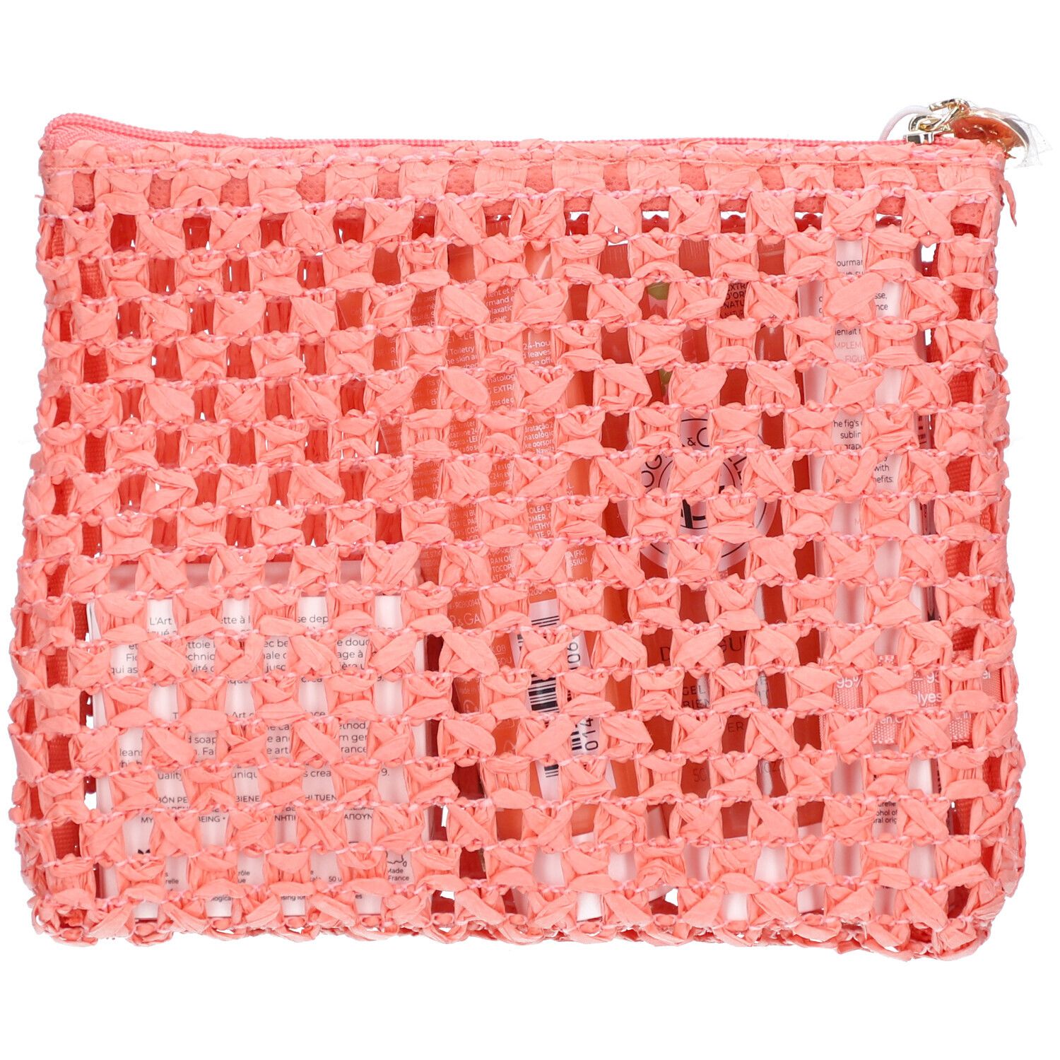 Trousse de toilette rose en tissu ajouré avec fermeture éclair.