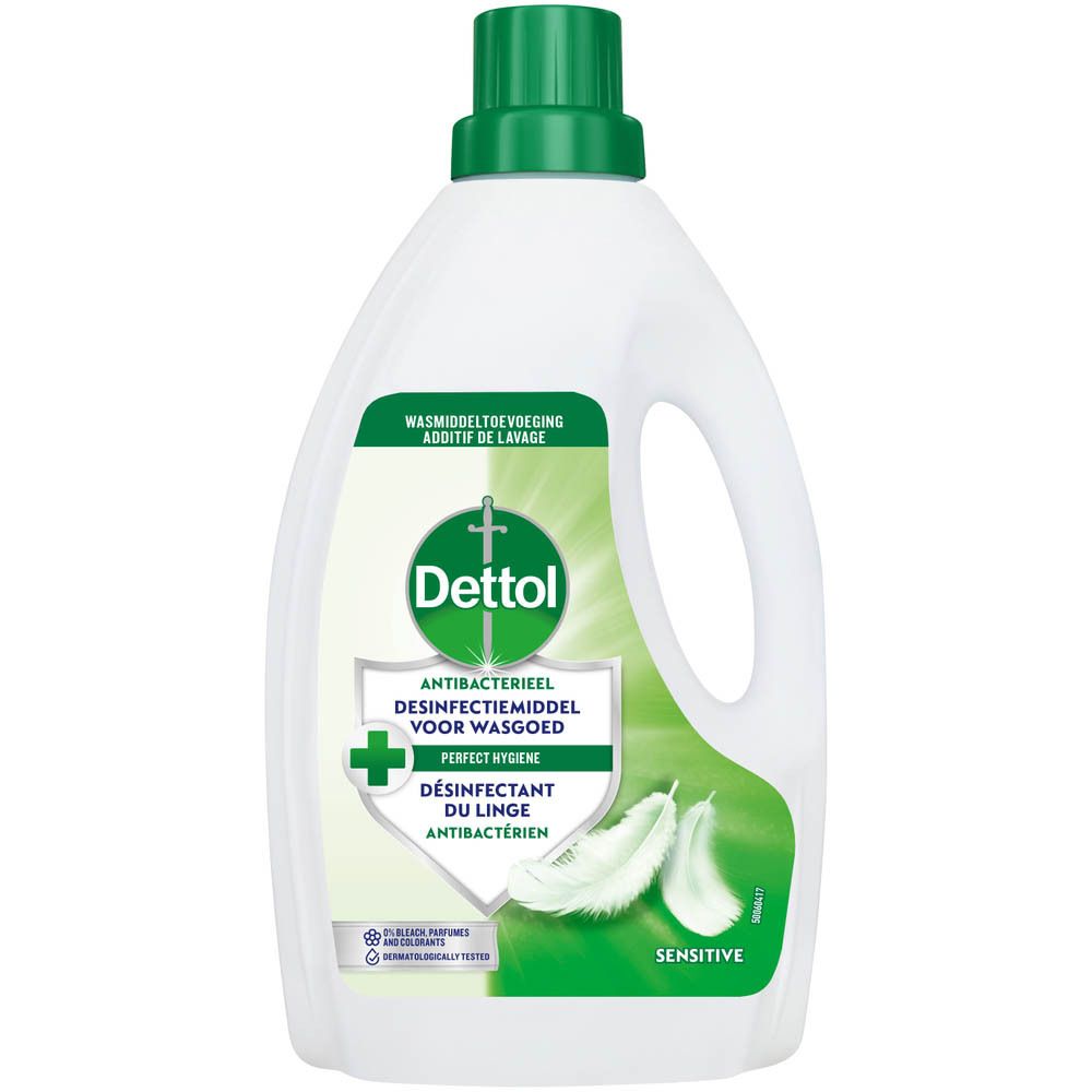 Witte fles met groene dop. Etiket met Dettol-logo, productnaam en beschrijving. Bevat veren-illustratie.
