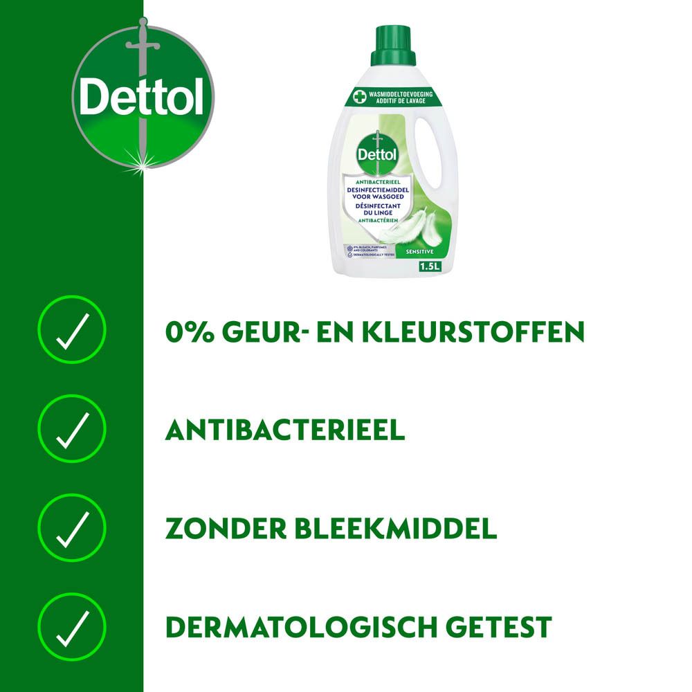 Dettol-fles met groene vinkjes: 0% geur- en kleurstoffen, antibacterieel, zonder bleekmiddel, dermatologisch getest.