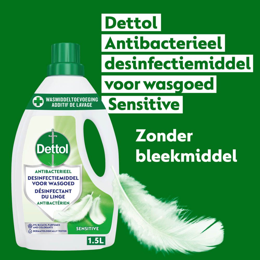 Groene achtergrond met tekst: Dettol, antibacterieel wasmiddel, Sensitive. Veer-illustratie. Zonder bleekmiddel.