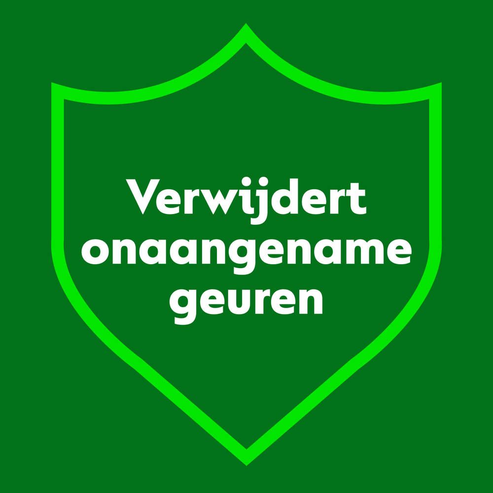 Groen schild met tekst: Verwijdert onaangename geuren.