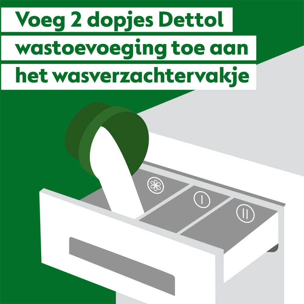 Wasmiddelbakje met doseerinstructies. Tekst: 'Voeg 2 dopjes Dettol wastoevoeging toe aan het wasverzachtervakje'.