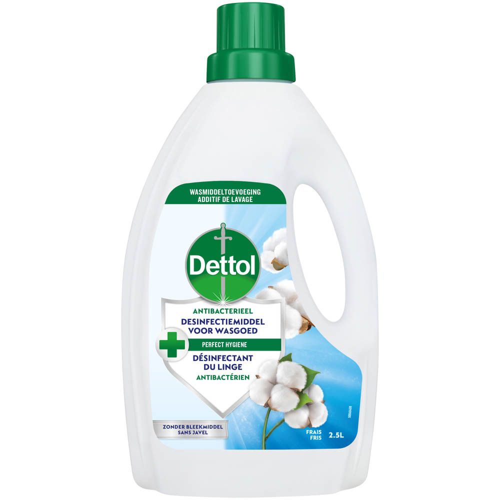 Bouteille blanche, bouchon vert. Dettol Désinfectant Textile. 2,5L. Illustration de coton.